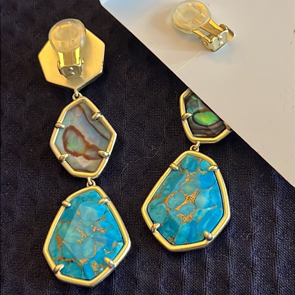 KENDRA SCOTT Nina Linear Matte Dangle Clip Earrings With Blue Mix Stones NWT - Picture 5 of 7